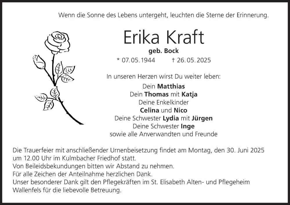  Traueranzeige für Erika Kraft vom 21.06.2025 aus MGO