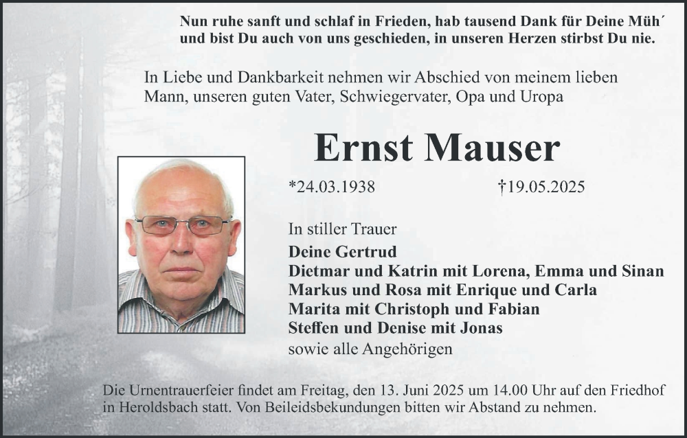 Traueranzeige für Ernst Mauser vom 07.06.2025 aus MGO