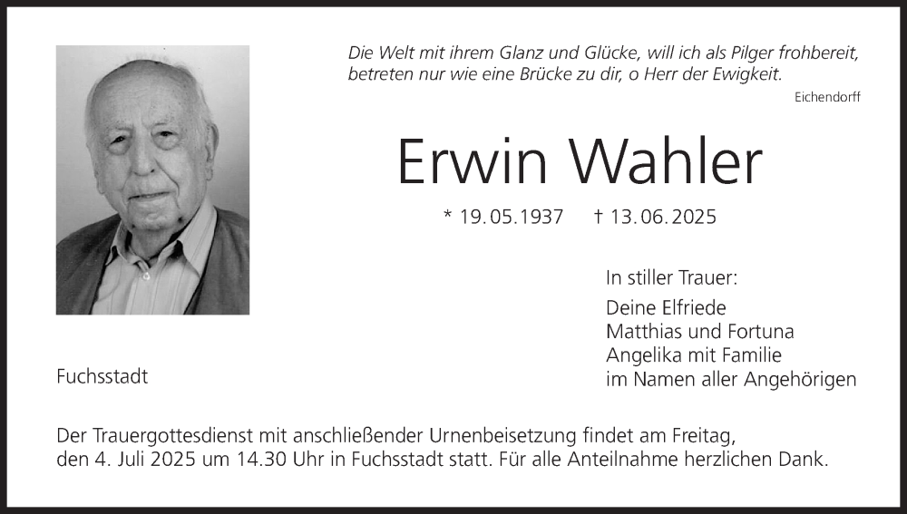  Traueranzeige für Erwin Wahler vom 28.06.2025 aus MGO