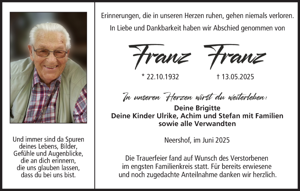  Traueranzeige für Franz  vom 07.06.2025 aus MGO