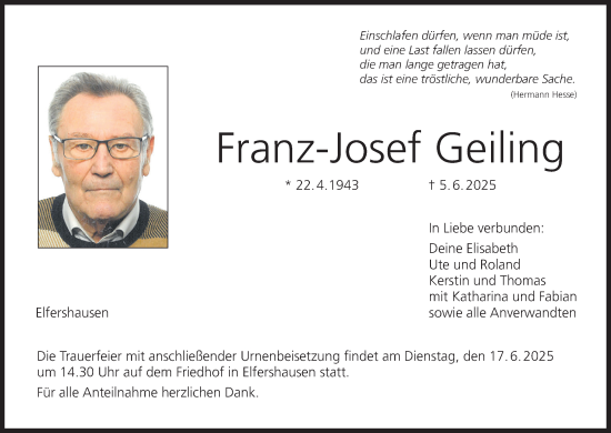 Anzeige von Franz-Josef Geiling von MGO