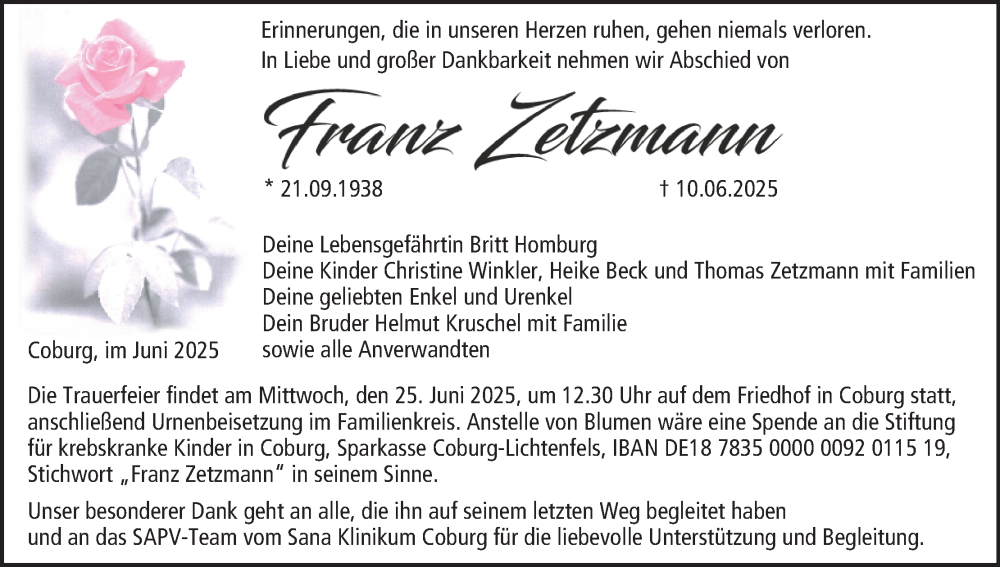 Traueranzeige für Franz Zetzmann vom 14.06.2025 aus MGO