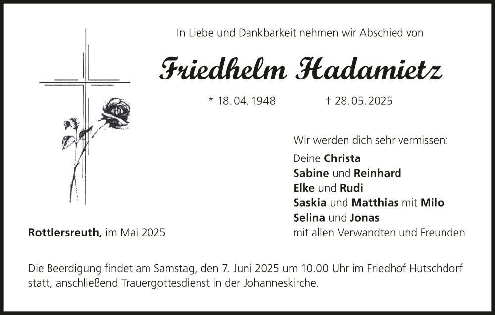  Traueranzeige für Friedhelm Hadamietz vom 04.06.2025 aus MGO