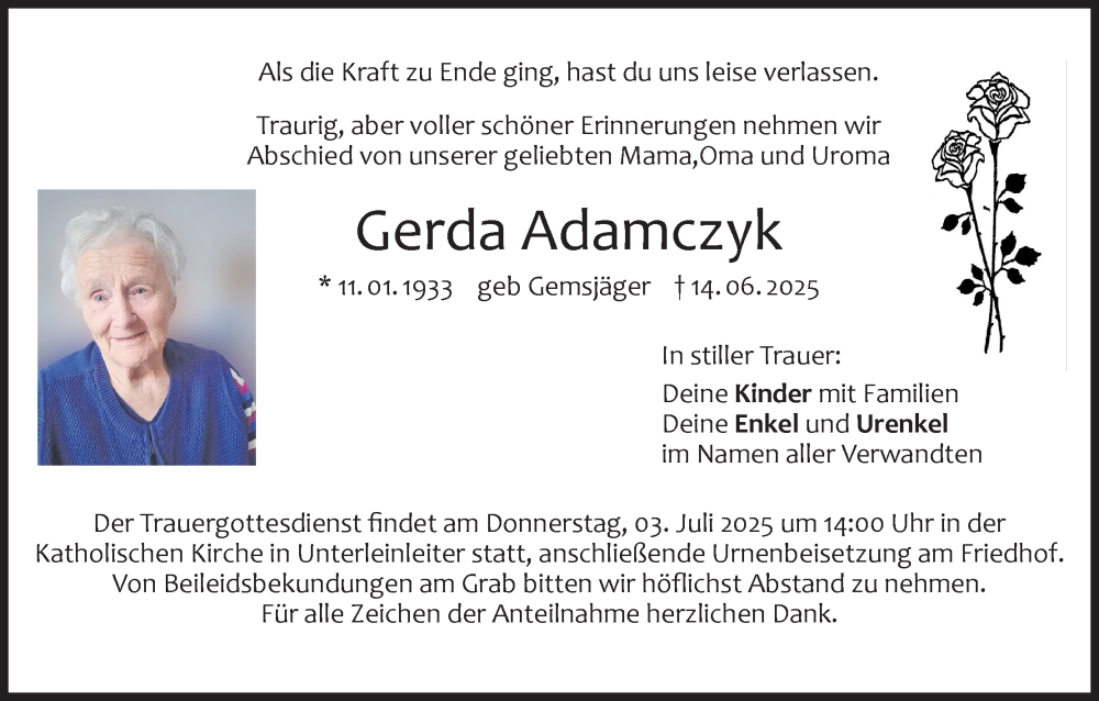  Traueranzeige für Gerda Adamczyk vom 28.06.2025 aus MGO