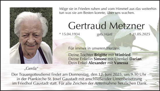 Anzeige von Gertraud Metzner von MGO