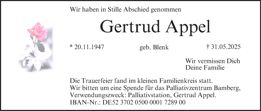  Traueranzeige für Gertrud Appel vom 07.06.2025 aus MGO