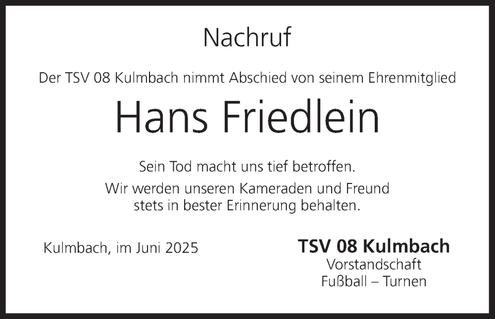  Traueranzeige für Hans Friedlein vom 06.06.2025 aus MGO
