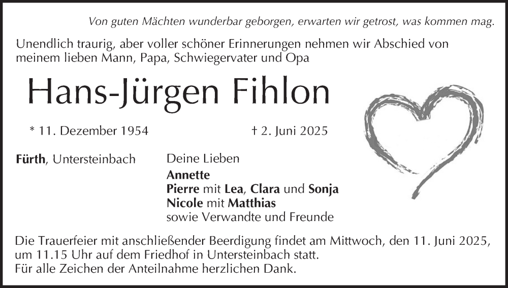  Traueranzeige für Hans-Jürgen Fihlon vom 06.06.2025 aus MGO