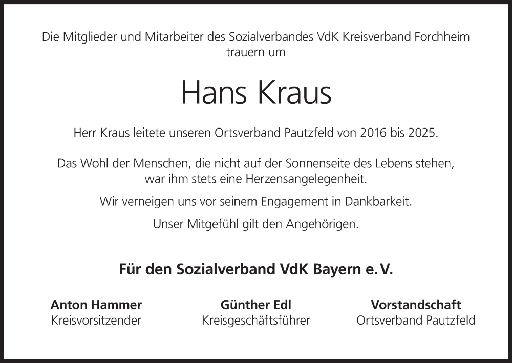 Traueranzeige für Hans Kraus vom 07.06.2025 aus MGO