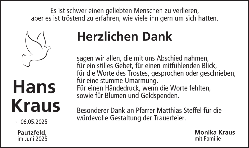  Traueranzeige für Hans Kraus vom 14.06.2025 aus MGO