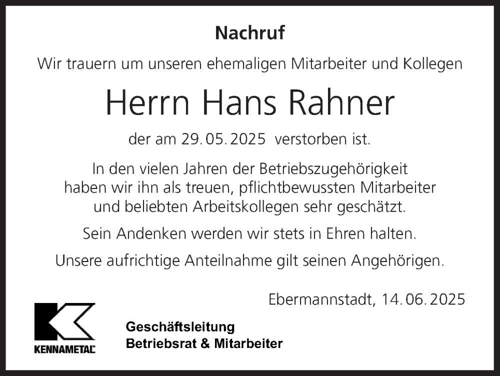  Traueranzeige für Hans Rahner vom 14.06.2025 aus MGO