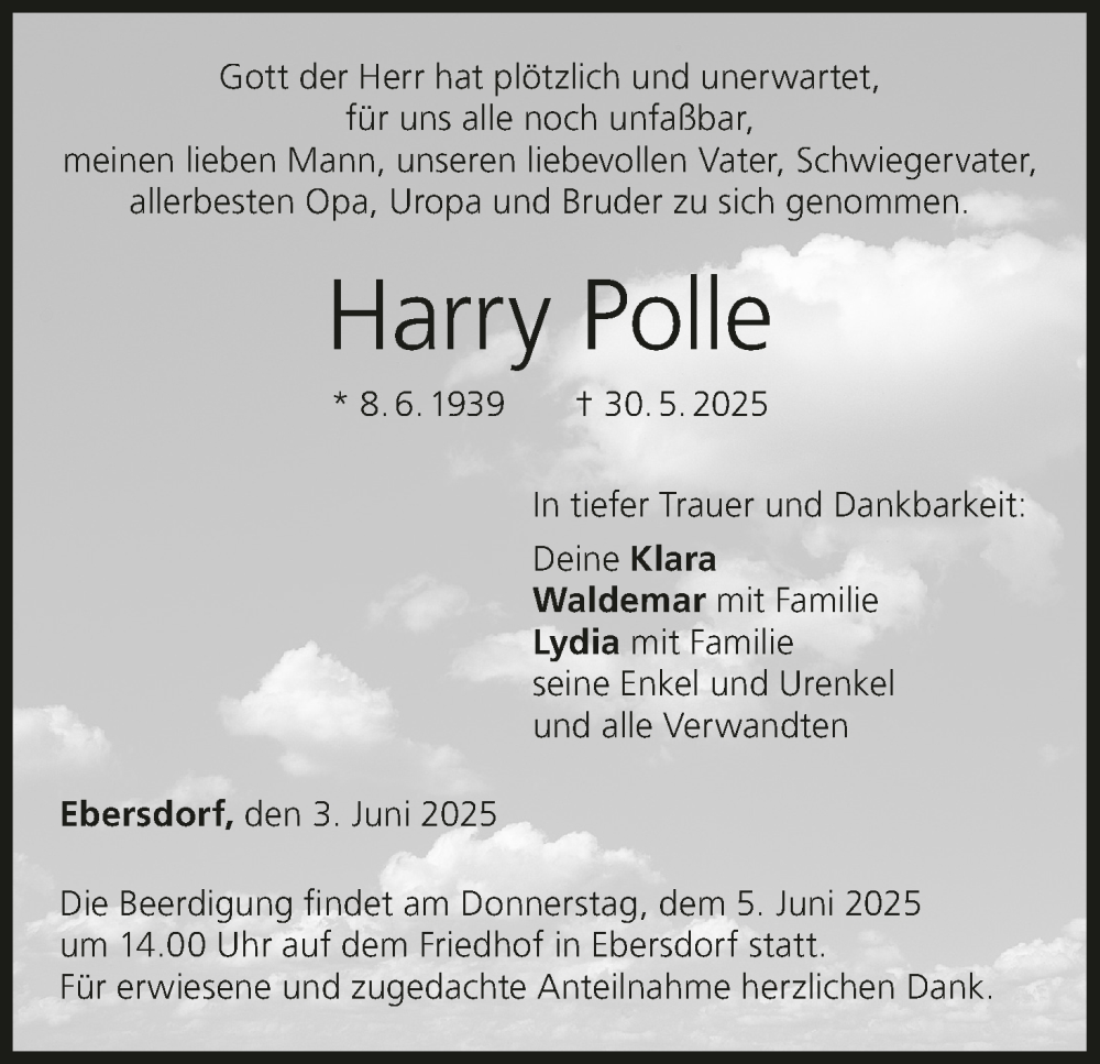  Traueranzeige für Harry Polle vom 03.06.2025 aus MGO