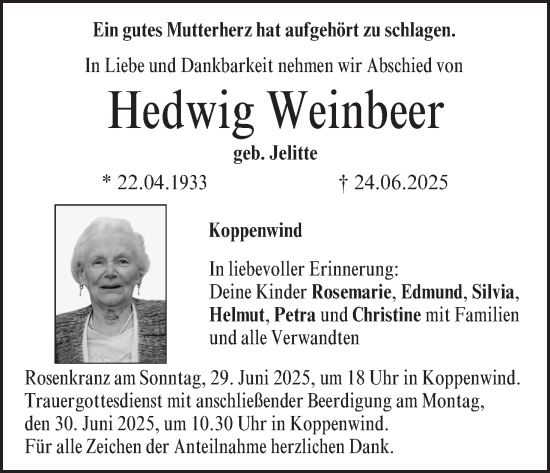 Anzeige von Hedwig Weinbeer von MGO