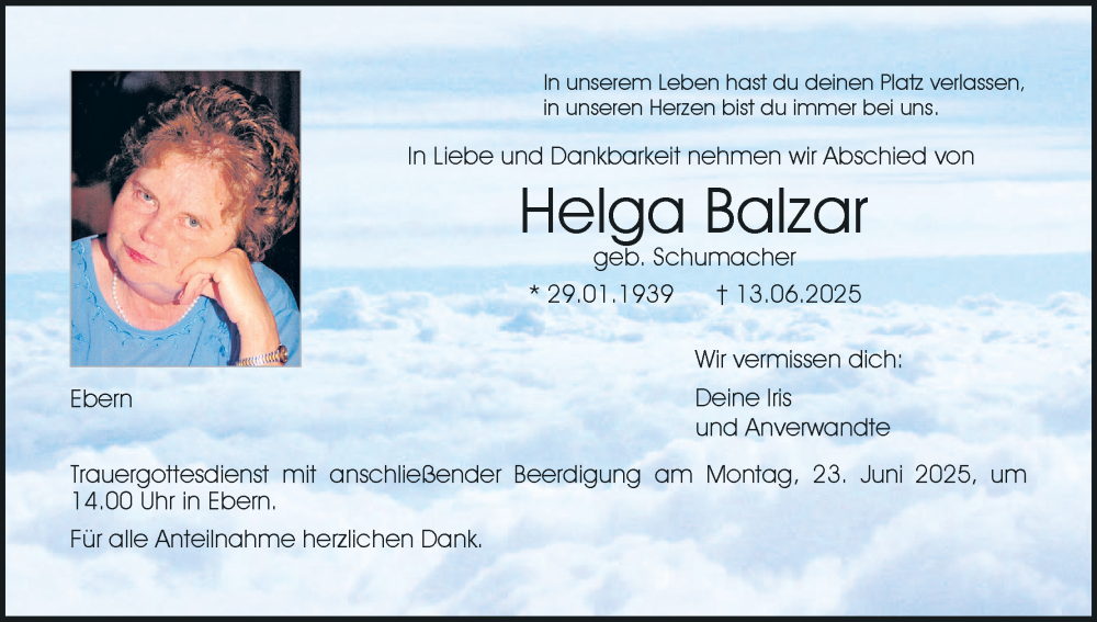  Traueranzeige für Helga Balzar vom 18.06.2025 aus MGO