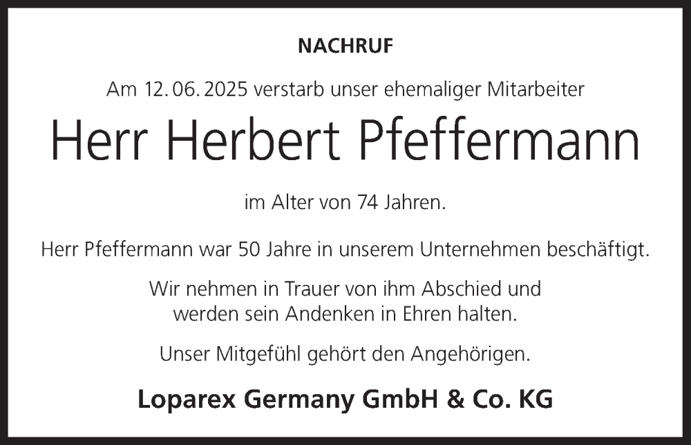  Traueranzeige für Herbert Pfeffermann vom 24.06.2025 aus MGO