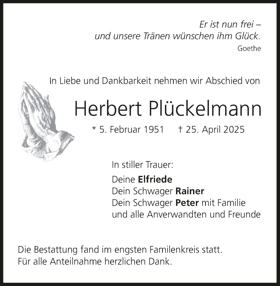  Traueranzeige für Herbert Plückelmann vom 03.06.2025 aus MGO