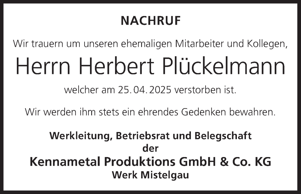  Traueranzeige für Herbert Plückelmann vom 03.06.2025 aus MGO