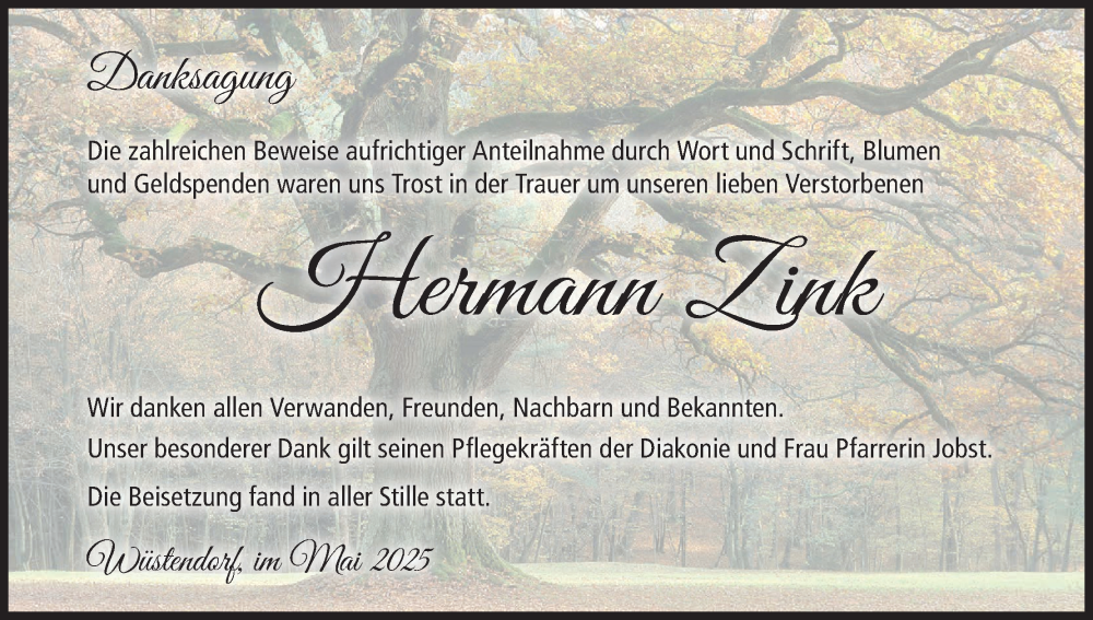 Traueranzeige für Hermann Zink vom 24.05.2025 aus MGO