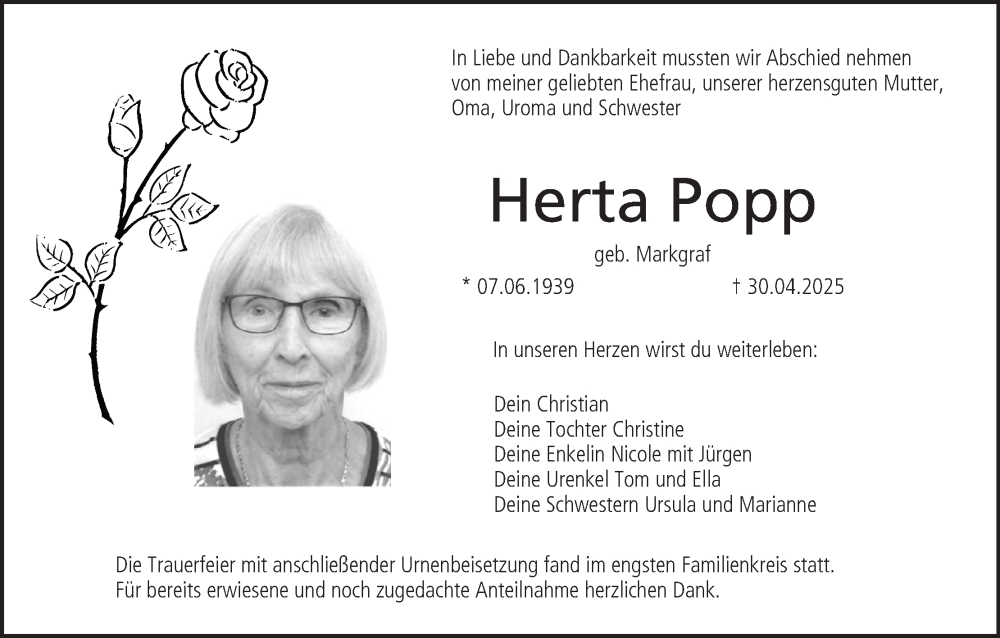  Traueranzeige für Herta Popp vom 24.05.2025 aus MGO