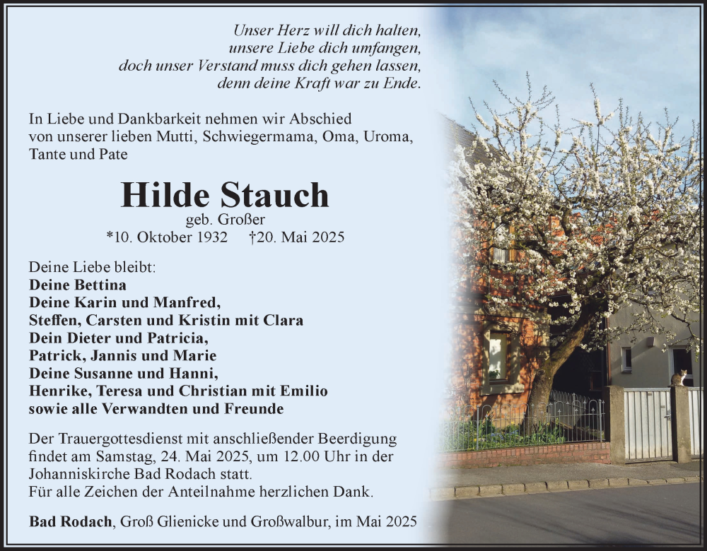  Traueranzeige für Hilde Stauch vom 23.05.2025 aus MGO
