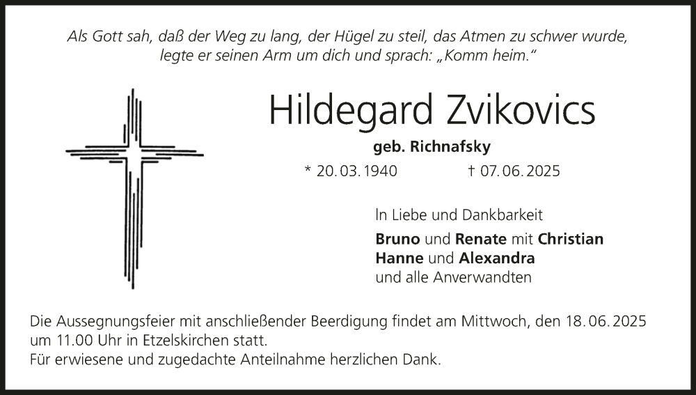  Traueranzeige für Hildegard Zvikovics vom 14.06.2025 aus MGO