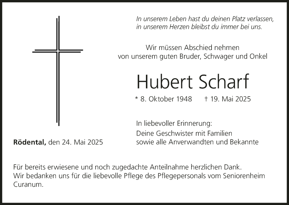  Traueranzeige für Hubert Scharf vom 24.05.2025 aus MGO