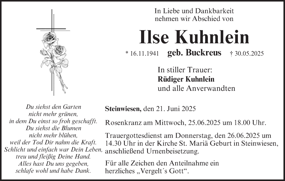  Traueranzeige für Ilse Kuhnlein vom 21.06.2025 aus MGO