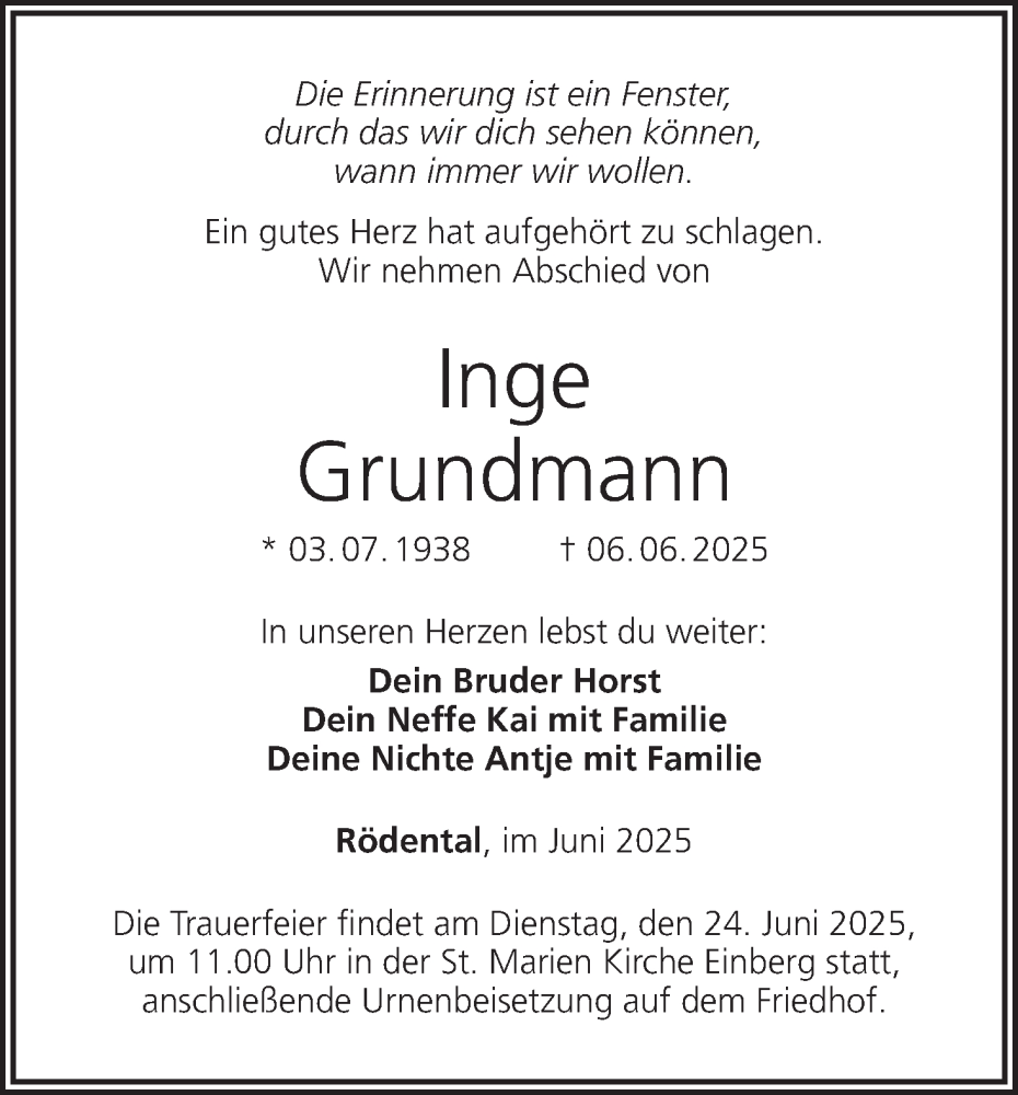  Traueranzeige für Inge Grundmann vom 21.06.2025 aus MGO