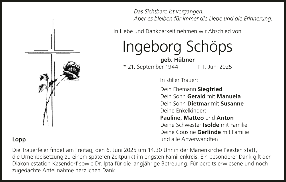  Traueranzeige für Ingeborg Schöps vom 03.06.2025 aus MGO