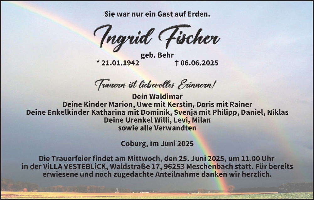  Traueranzeige für Ingrid Fischer vom 14.06.2025 aus MGO