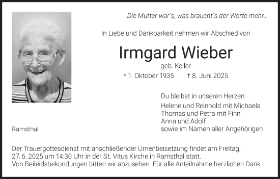 Anzeige von Irmgard Wieber von MGO