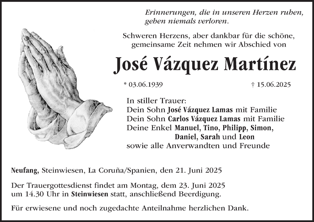  Traueranzeige für Jose Vazquez Martinez vom 21.06.2025 aus MGO