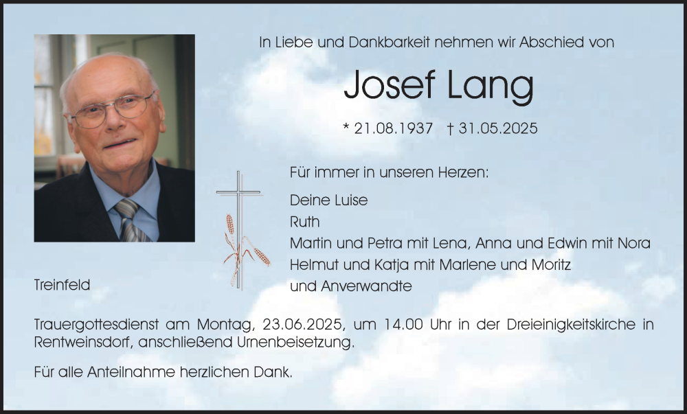  Traueranzeige für Josef Lang vom 14.06.2025 aus MGO