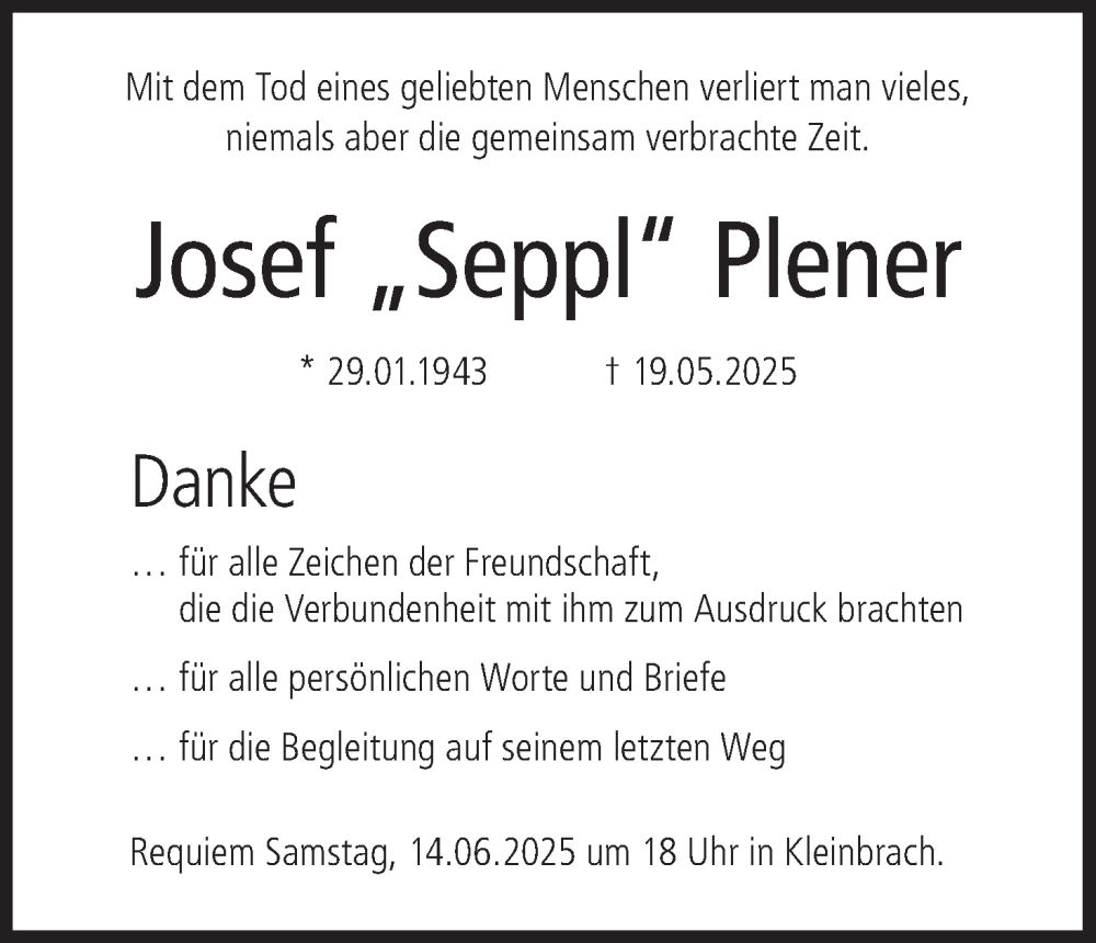  Traueranzeige für Josef Plener vom 14.06.2025 aus MGO