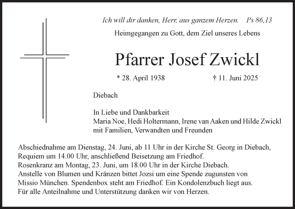  Traueranzeige für Josef Zwickl vom 18.06.2025 aus MGO
