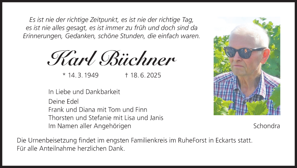  Traueranzeige für Karl Büchner vom 21.06.2025 aus MGO