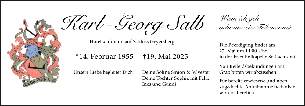  Traueranzeige für Karl-Georg Salb vom 24.05.2025 aus MGO