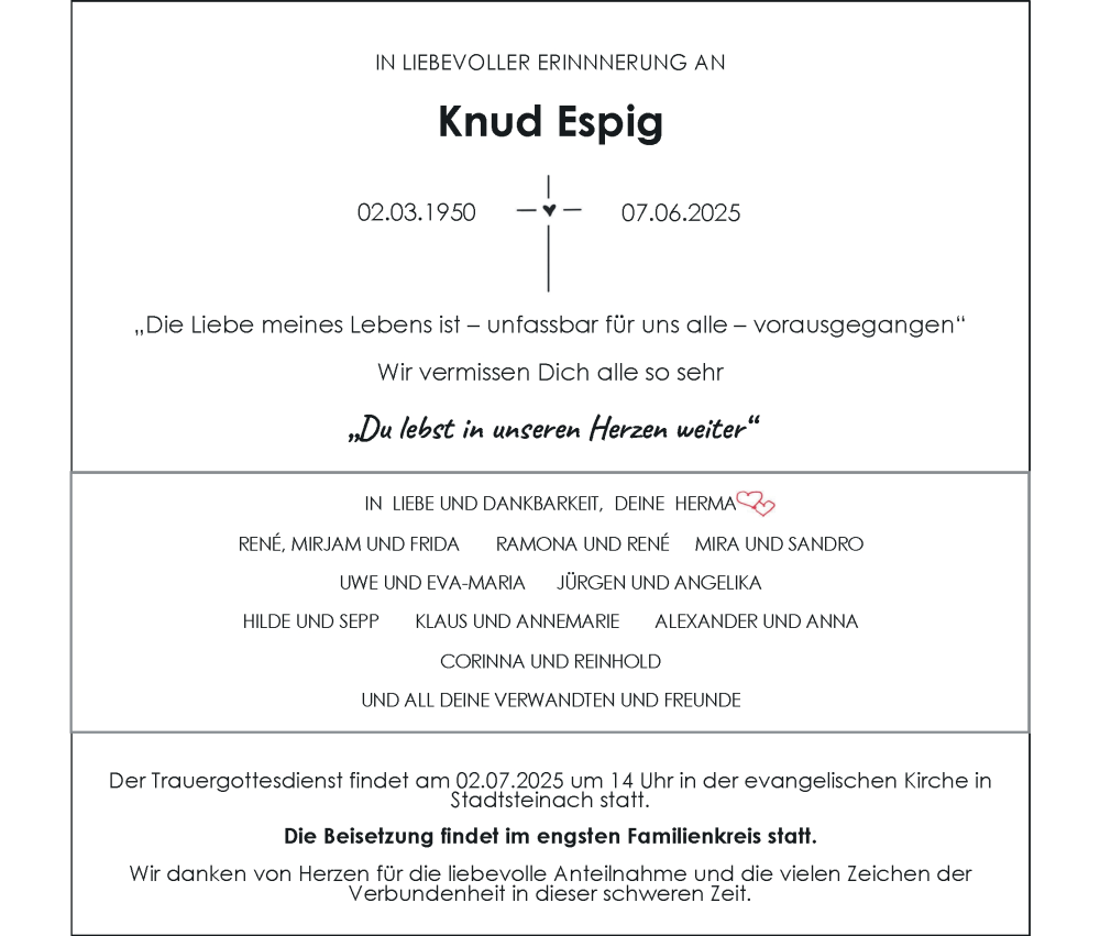  Traueranzeige für Knud Espig vom 21.06.2025 aus MGO
