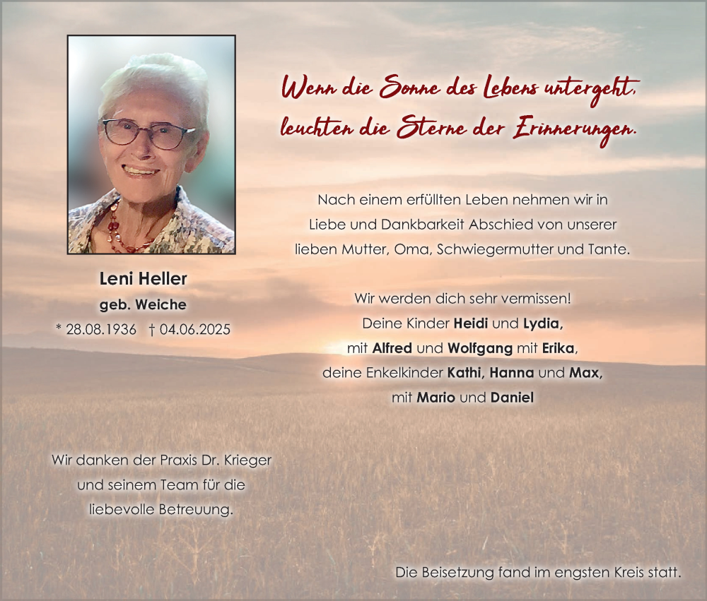  Traueranzeige für Leni Heller vom 21.06.2025 aus MGO