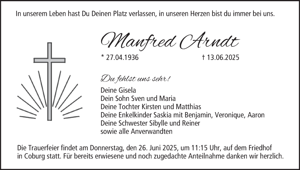  Traueranzeige für Manfred Arndt vom 21.06.2025 aus MGO