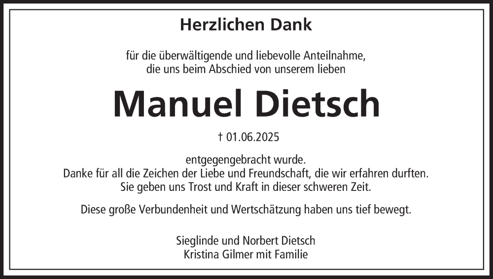  Traueranzeige für Manuel Dietsch vom 28.06.2025 aus MGO