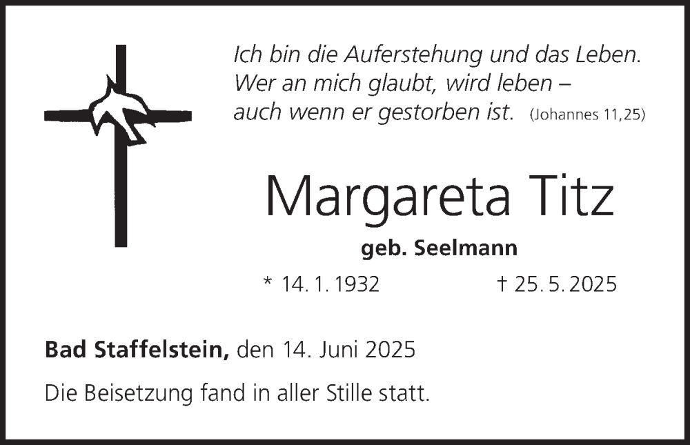  Traueranzeige für Margareta Titz vom 14.06.2025 aus MGO