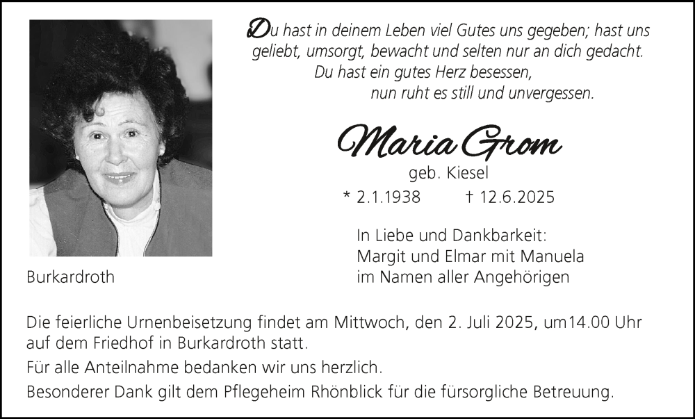  Traueranzeige für Maria Grom vom 21.06.2025 aus MGO