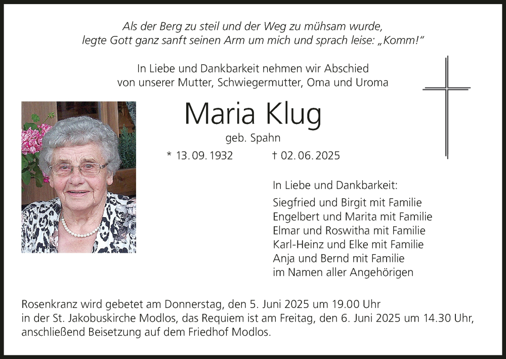  Traueranzeige für Maria Klug vom 04.06.2025 aus MGO