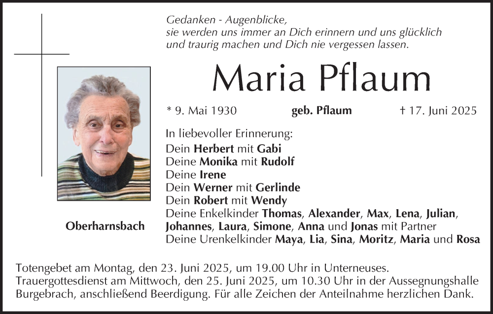  Traueranzeige für Maria Pflaum vom 21.06.2025 aus MGO