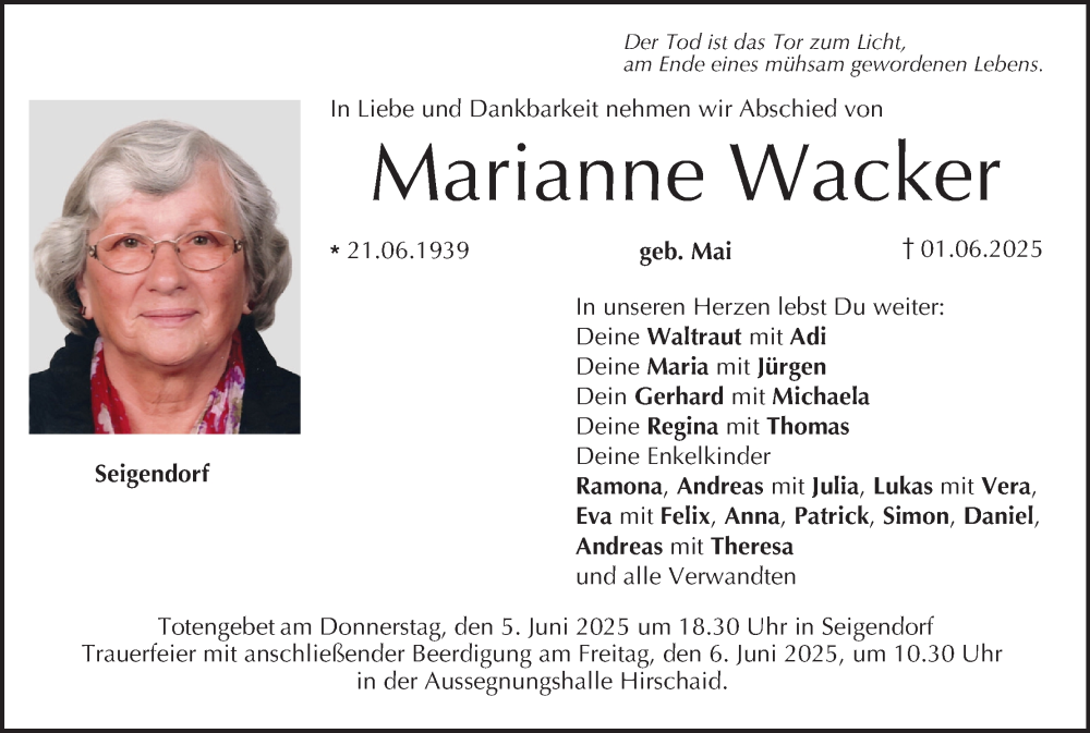  Traueranzeige für Marianne Wacker vom 04.06.2025 aus MGO