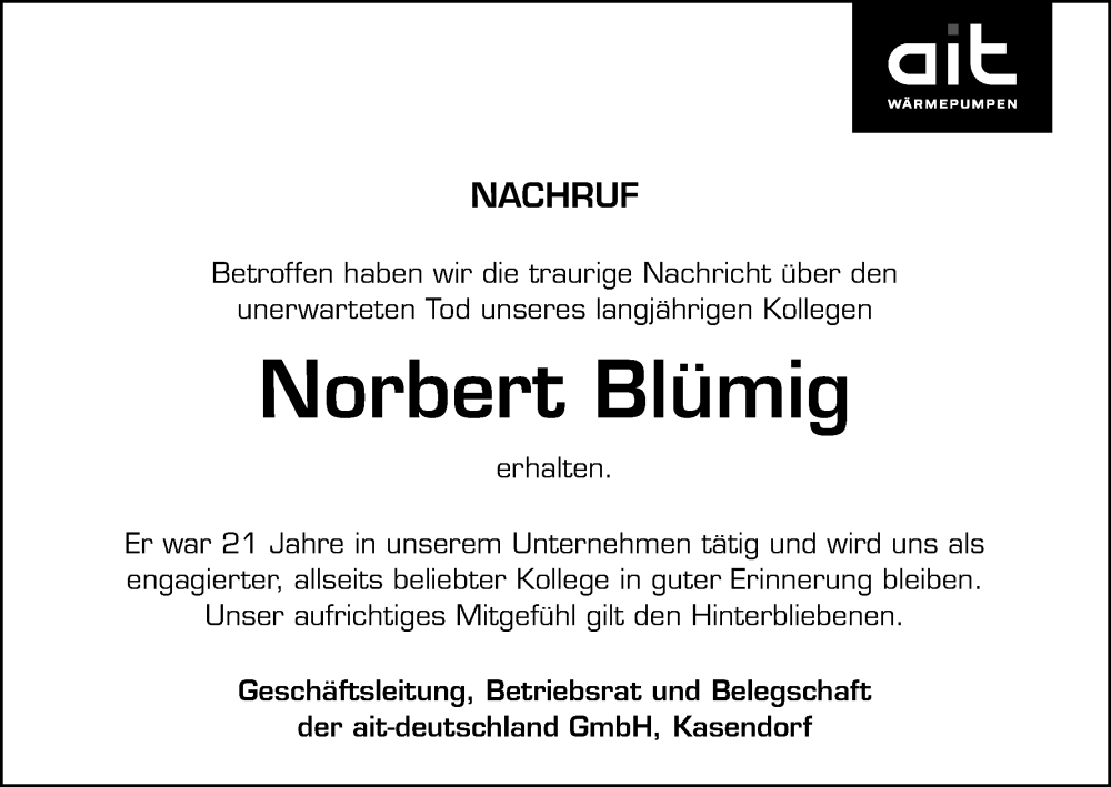  Traueranzeige für Norbert Blümig vom 24.05.2025 aus MGO