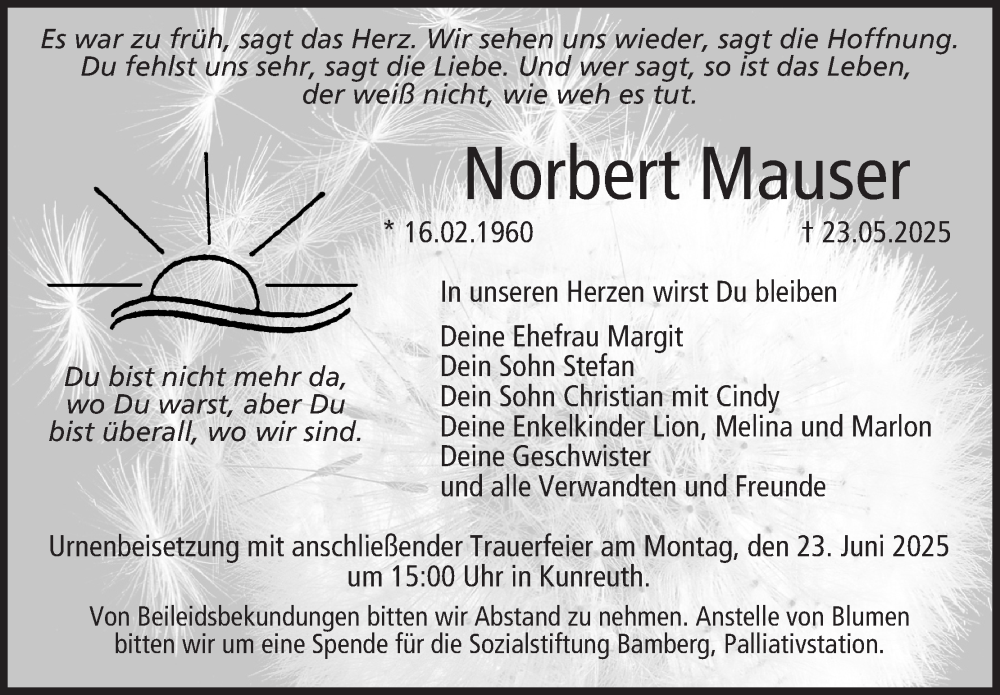  Traueranzeige für Norbert Mauser vom 14.06.2025 aus MGO
