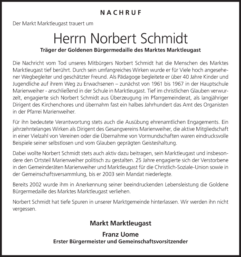  Traueranzeige für Norbert Schmidt vom 16.06.2025 aus MGO