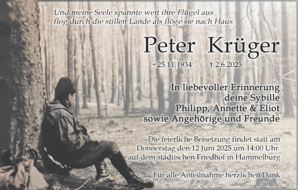  Traueranzeige für Peter Krüger vom 07.06.2025 aus MGO